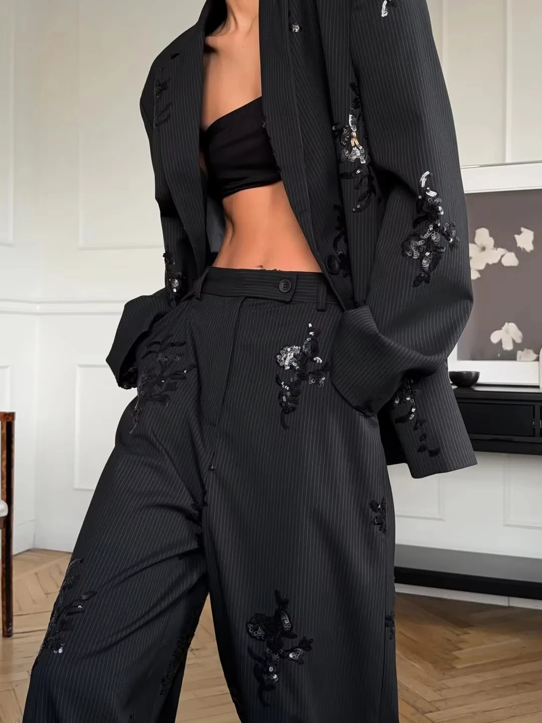 

Black Sequin Embroidery Blazer 2 Piece Set Women Full Sleeve Lapel V-neck Coat Wide Leg Pants Suit 2026 Lady Spring Autumn Wear