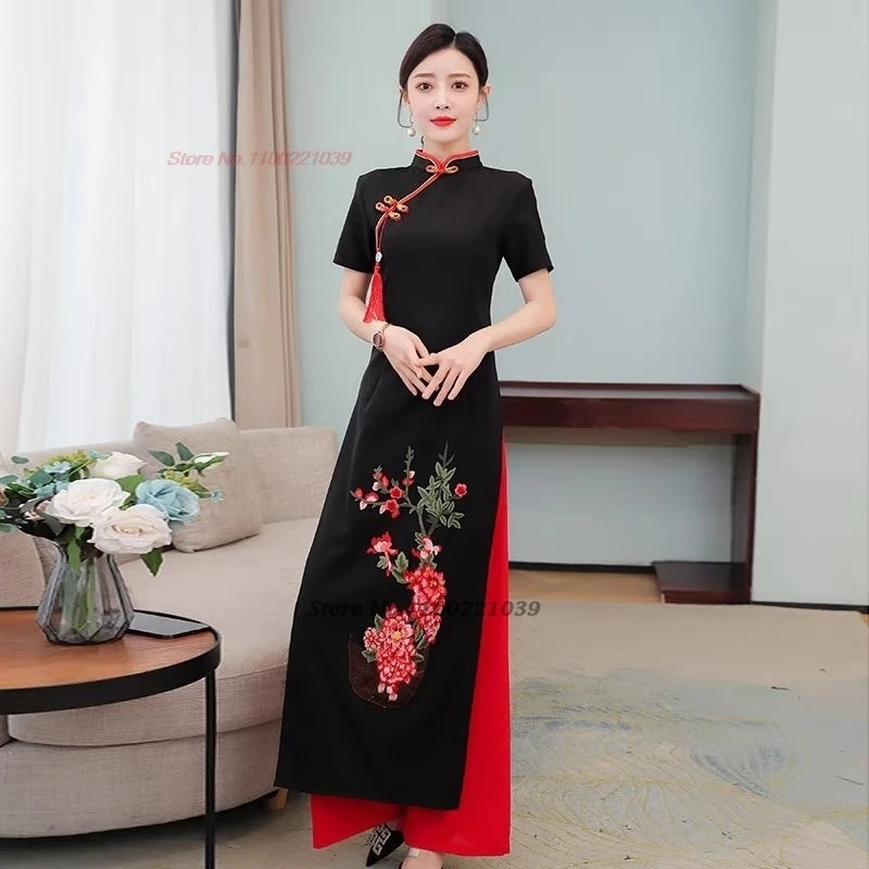 2024 traditional vietnam aodai dress+pants set flower embroidery dress ao dai improved qipao dress elegant banquet party dress