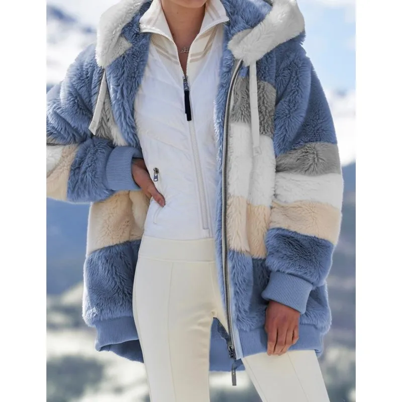 Women's Autumn Winter Warm Plush Jacket New Fashion Color Blocked Hooded Zipper Cardigan Coats Ladies Basic Versatile Outerwear