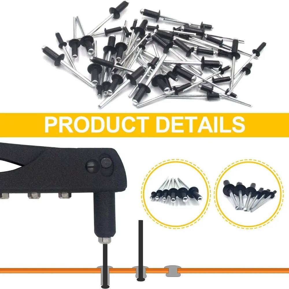 

500Pcs/Set 304 Stainless Steel Mushroom Head Rivets Kit Round Head 14 Sizes Blind Rivets Black Durable Pop Rivets Industrial Use