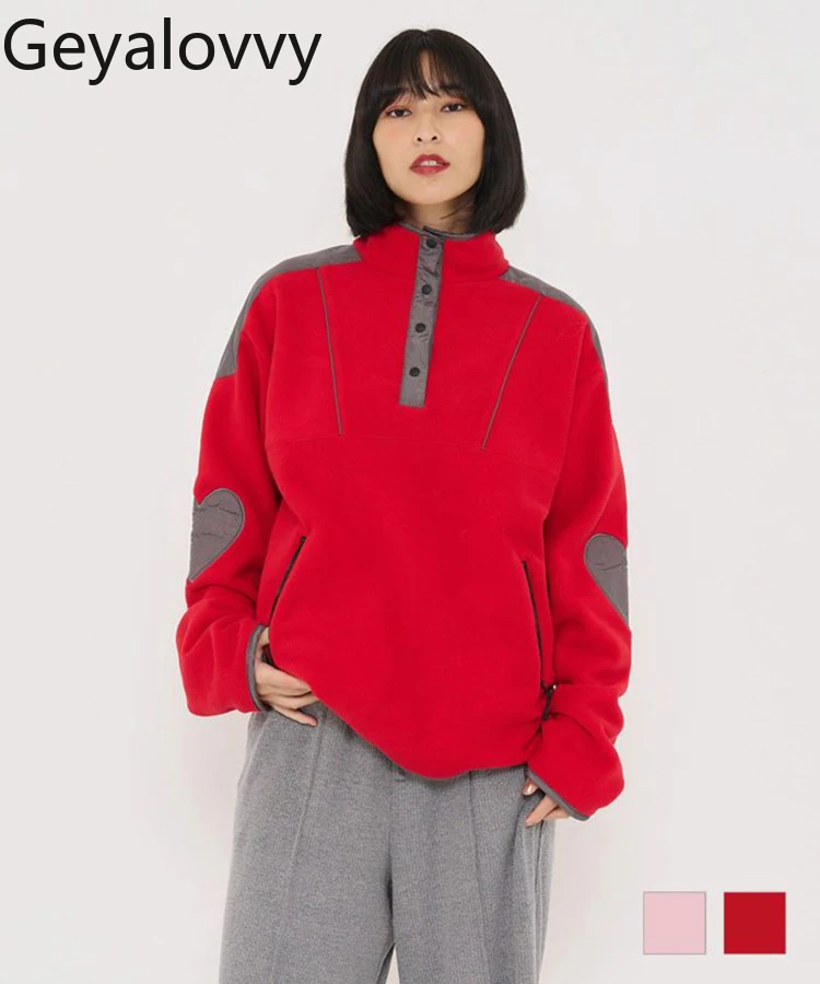 Japanese Style Women's Loose Pullover Color-Block Embroidery Fleece Long Sleeve Sweatshirt Fashion Autumn Winter Casual Hoodies