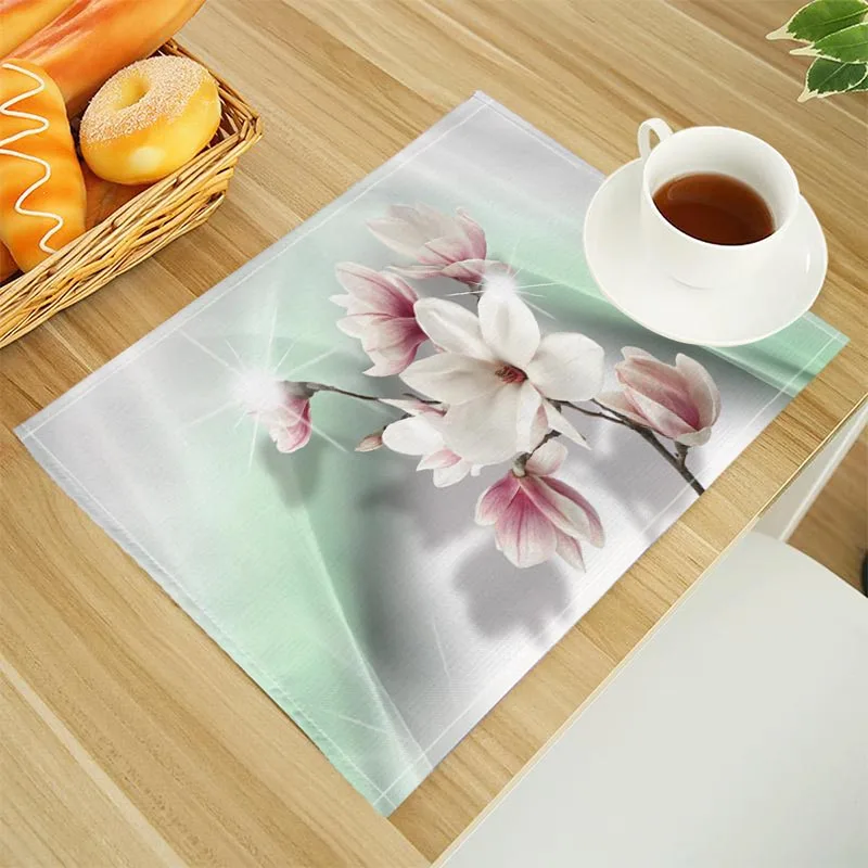 Lily Flower Floral Placemat Linen Fabric Table Mats Family Dinner Tableware Kitchen Table Mat 32X45cm