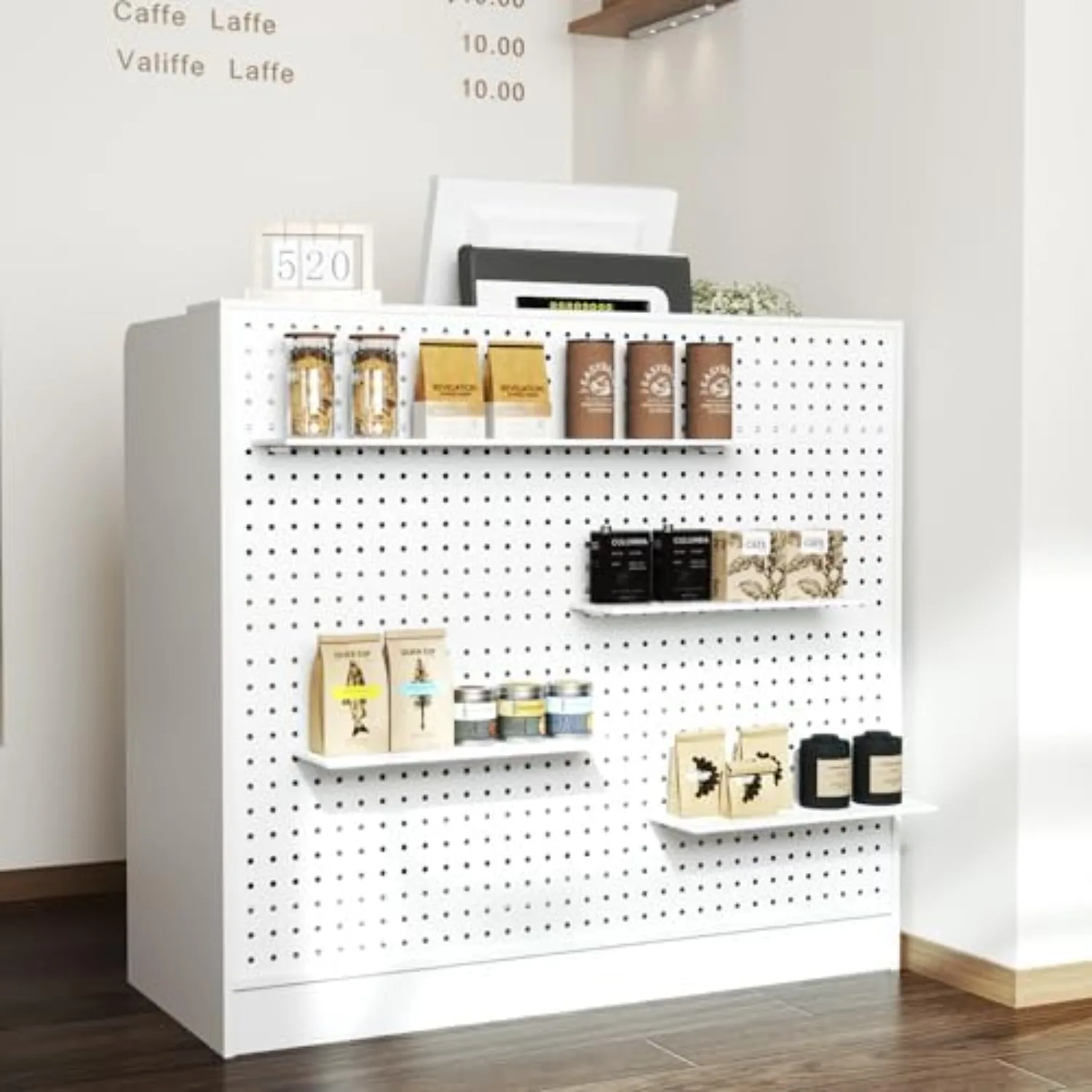 Reception Desk with Counter & Pegboard, Modern Retail Checkout Counter with 2 Lockable Drawers & Adjustable Shelf