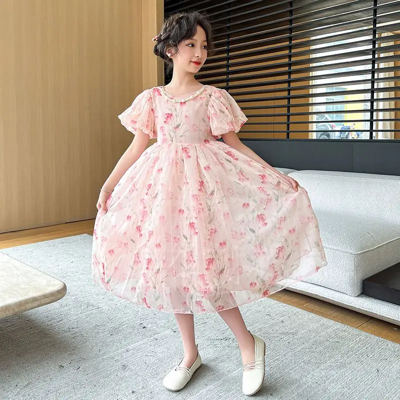 Girls Summer Dresses 2026 Teens Kids Dresses for Girls Clothing Summer Cartoon Cat Princess Girls Dress Teenage Children's Dress