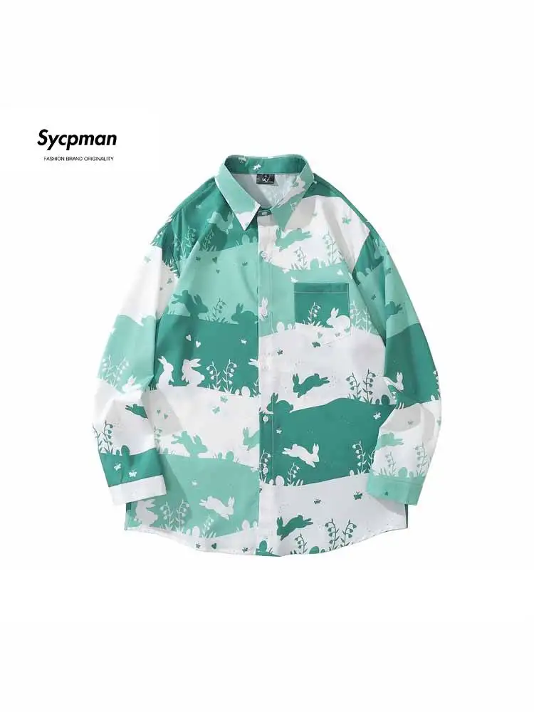 

Sycpman American Style Retro Contrast Checkered Rabbit Print Long Sleeve Shirts for Men and Women Autumn Loose Couple Shirt