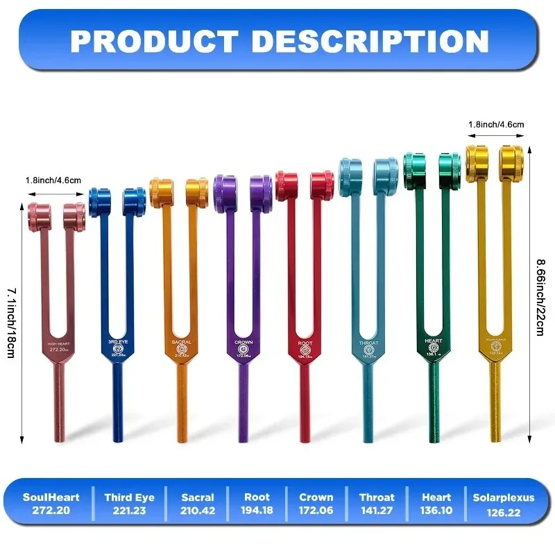 Colorful Tuning Fork 8 Piece Set Aluminum Alloy Chakra Tuning Fork Set with Box Sound Healing Portable Percussion Instruments