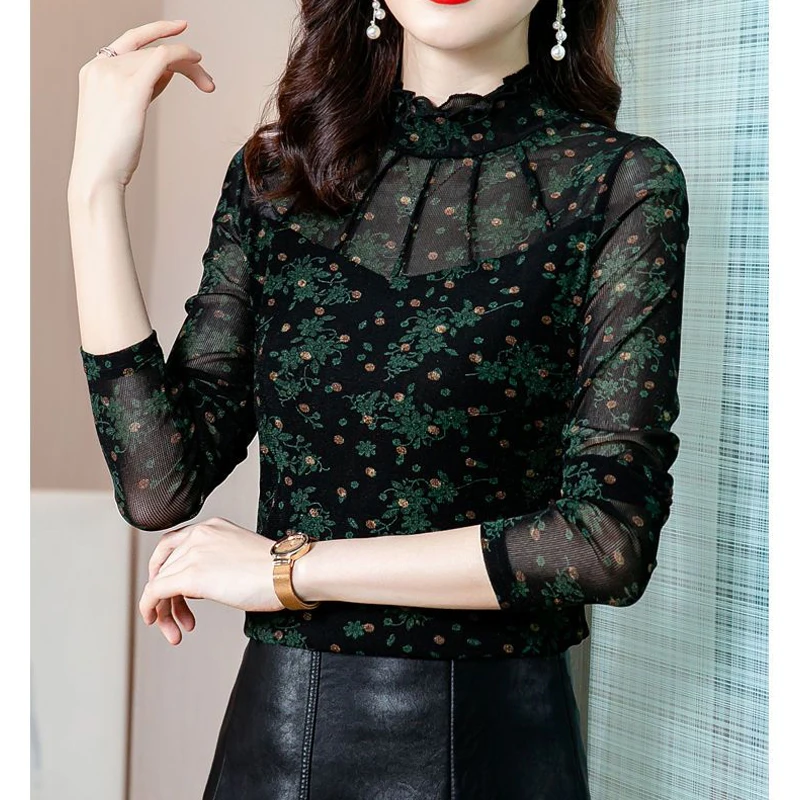 Women Retro Floral Print Ruffle Sexy Mesh Bright Silk Elegant Basic T Shirt Autumn Casual Half High Collar Long Sleeve Slim Tops