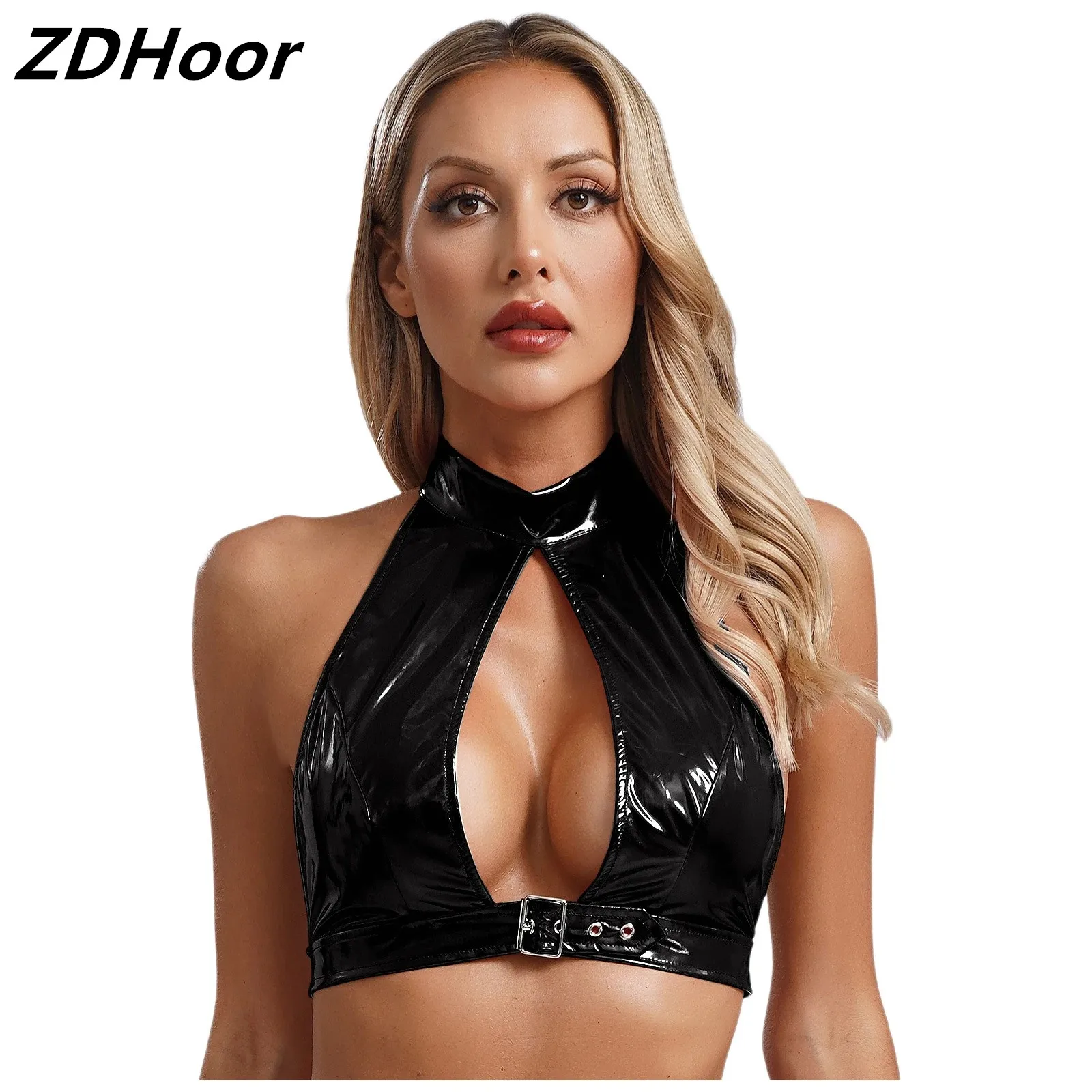 Women PU Leather Sexy Top Camisole Halter Neck Backless Cutout Front Erotic Vest Wet Look Night Club Wear