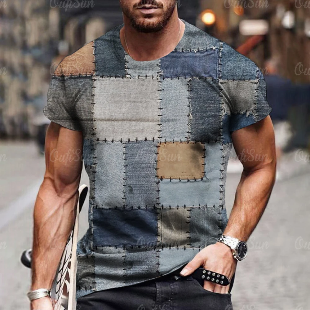 Men's T Shirt 3D Digital Patchwork Graphic Print Short Sleeve T-Shirts Comfy Casual Elastic Crew Neck Men Outdoor Activities Top