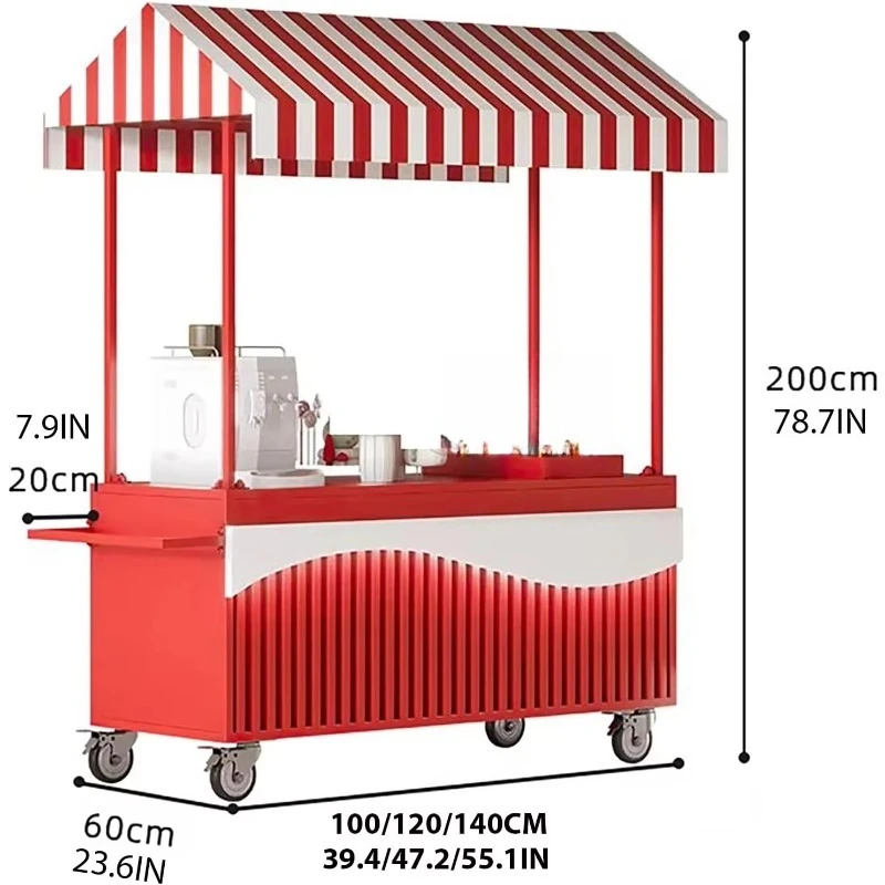 Wrought iron outdoor vending cart with striped canopy, mobile food snack cart, suitable for street markets, festive food cart