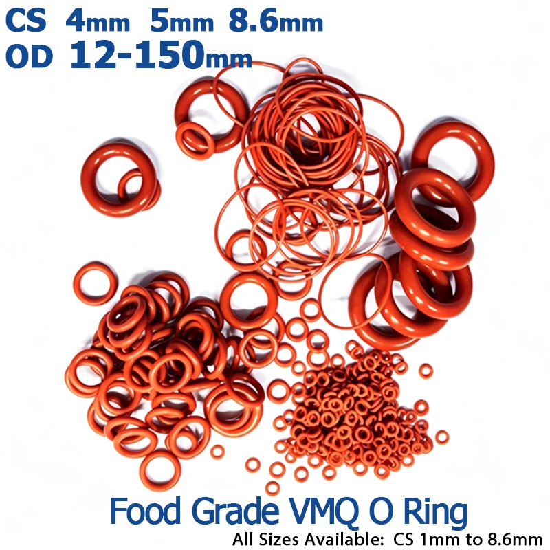 1-10Pcs Food Grade Red VMQ Silicone O‑Rings Gaskets Waterproof Insulation Sealing Round Ring Washers CS 4/5/8.6mm OD 12‑150mm