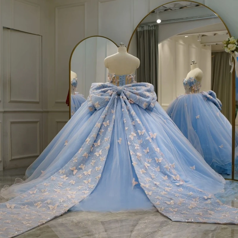 Luxury Sky Blue 15 Quinceanera Dresses With Butterfly Beads 2024 Vestidos De 15 Anos Masquerade xv Dress Sixteen Beaded Birthday