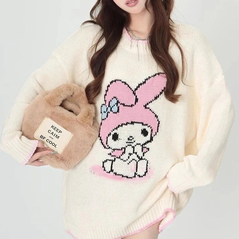 Anime Sweater Kawaii My Melody Sanrioed Cartoon Cute Girls Loose Comfor Soft Knitwear Sweet Fashion Long Sleeve Round Neck Tops