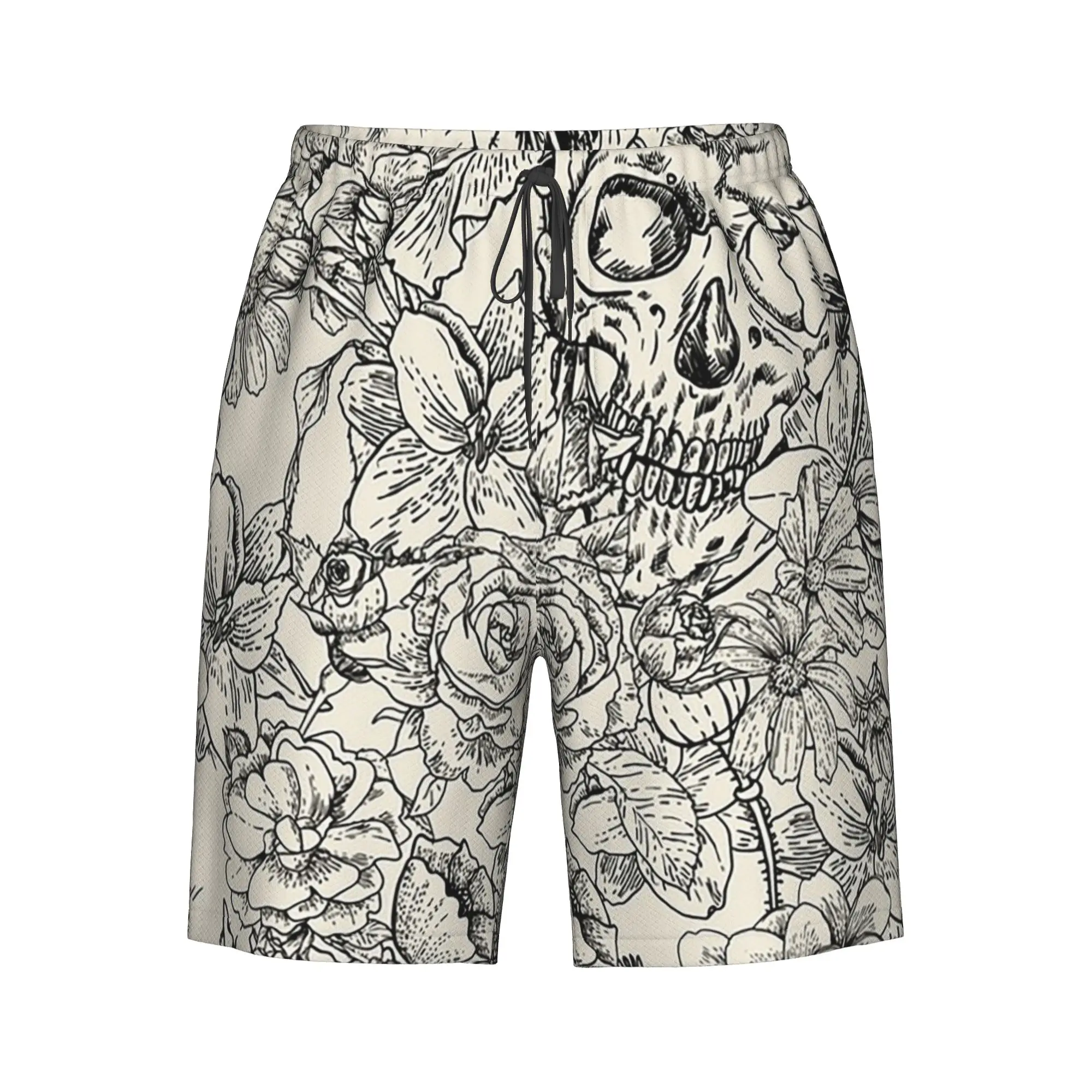 Skull And Flower Sketch Pattern Trunks Beach Board Shorts Casual Quick Dry Swim Summer Men Pants
