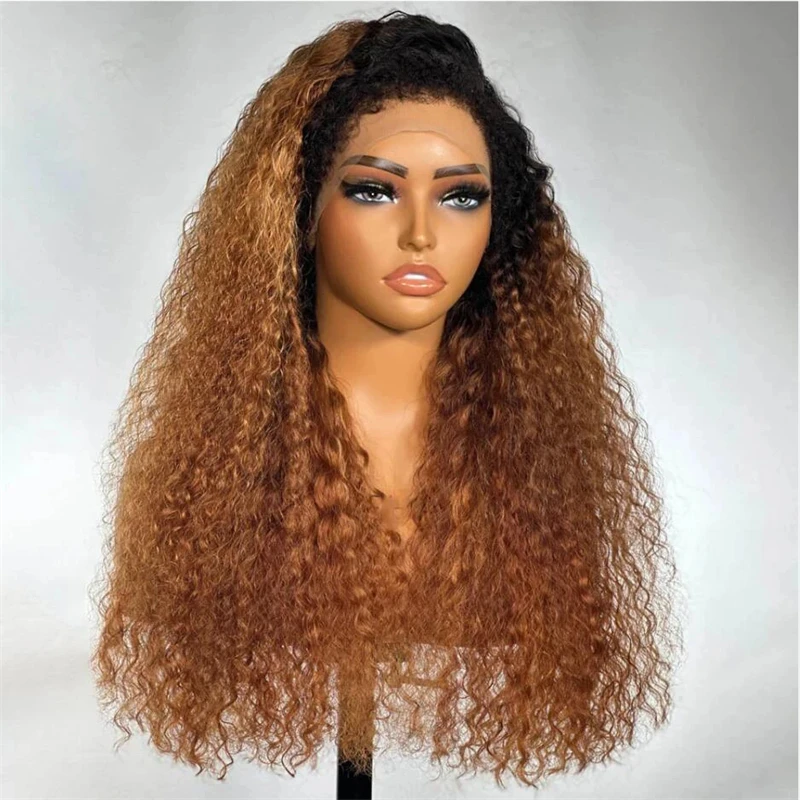 180 densidade ombre marrom kinky encaracolado 26 Polegada longa peruca dianteira do laço para mulheres cabelo do bebê diário natural linha fina preplucked sem cola