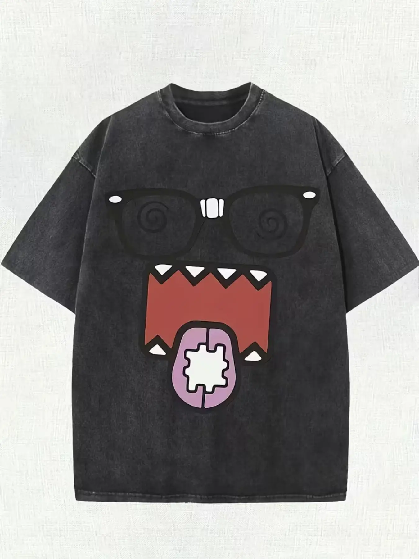 Funny Cartoon Monster Face Graphic T-Shirt - Casual Loose Fit Crew Neck Short Sleeve Tee, Vintage Washed Feel, Breathable Soft Summer Top - Perfect Gift for Teens, Men, Birthday, Party, Streetwear And Daily Wear