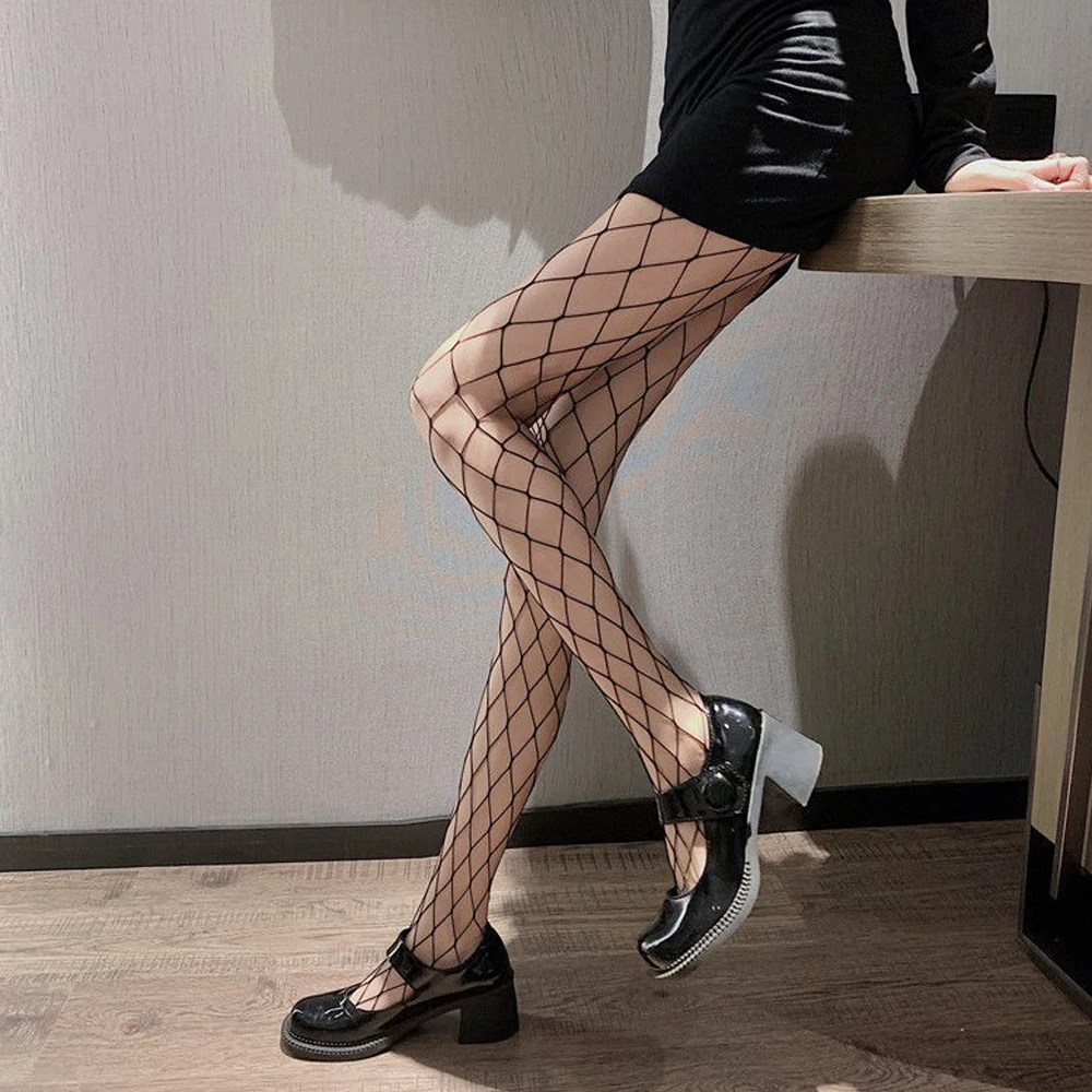 Women Sexy High Waist Fishnet Stockings Mesh Club Tights Panty Knitting Net Pantyhose Ripped Jeans Match Long Socks Lingerie Hot