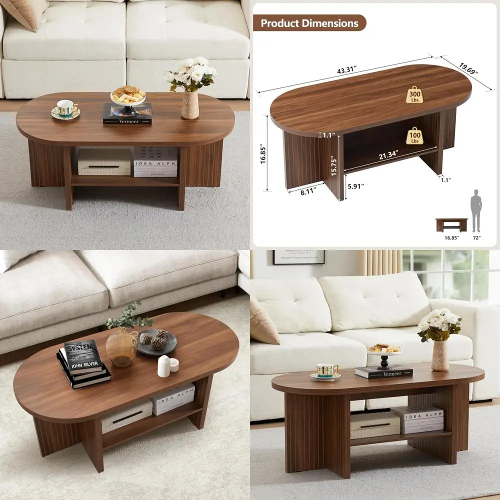 

овальный журнальный столик в фермерском стиле с большой полкой для хранения вещей для гостиной