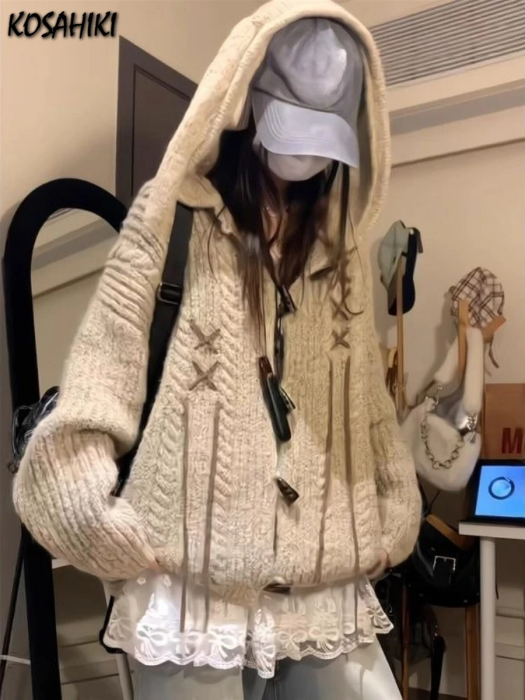 

Y2k Aesthetic Vintage Hooded Cardigan Streetwear Casual Loose Bandage Tops 2025 Autumn Harajuku Single Breasted Grunge Sweater