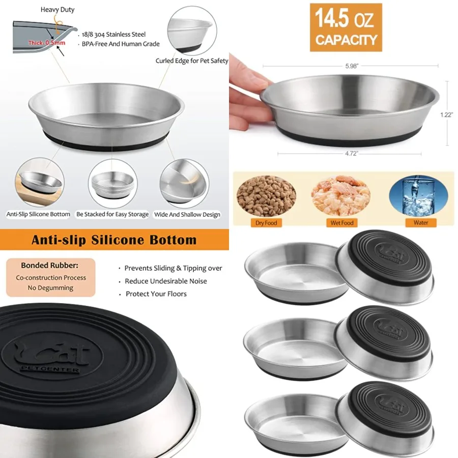 

Stainless Steel Cat Bowls, Whisker Friendly Shallow Cat Dishes for Food and Water, Non-Slip Silicone Bottom, Heavy Duty, Replac