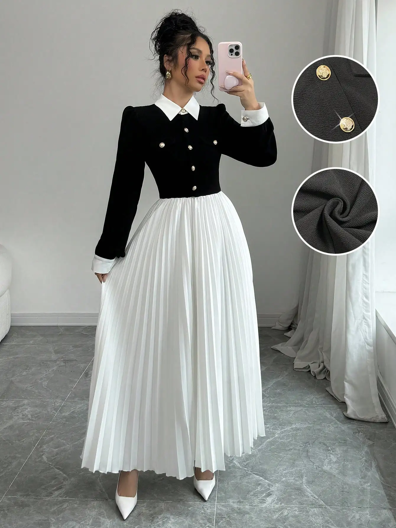 

Black & White Contrast Collar Button-Up Top with Pleated Maxi Skirt Set