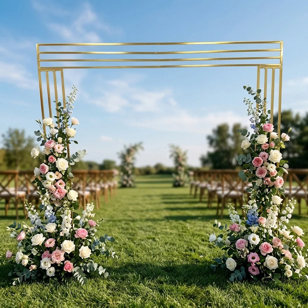 Shiny Gold-plated Square Screen Backdrop Frame Wedding Arch Gilded Geometry Flower Arch Stand