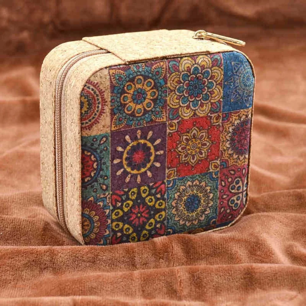 コルク木製ジュエリー収納ボックス正方形ジッパー化粧品ホルダーダブルボックスプリントリングイヤリングオーガナイザー