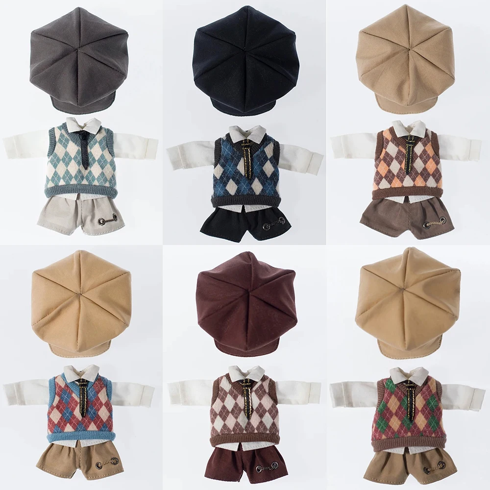 Ob11 Doll Clothes Diamond Grid British Style Vest Set Doll Student Uniform Doll Hat For Ob11,Obitsu11,Molly,1/12 Bjd Doll