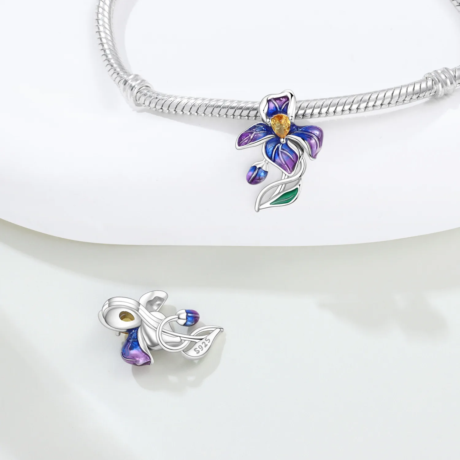 PANPOKI 925 فضة الأزرق الأرجواني القزحية زهرة الخرز المعلقات الأصلية سوار حلية مجوهرات حفلة لتقوم بها بنفسك الهدايا العصرية #3