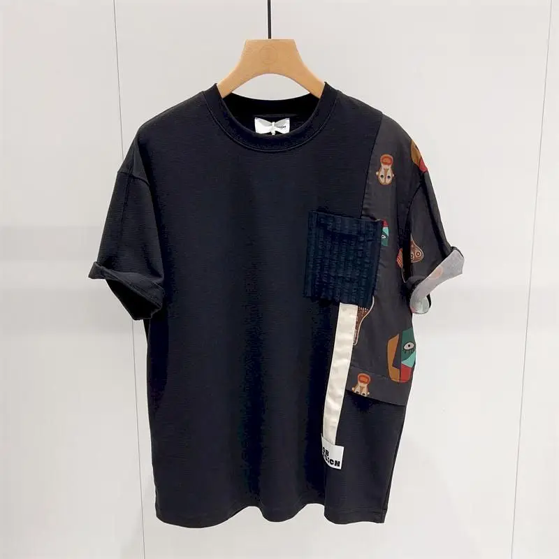 

Summer T Shirts Men Women Fashion Linen Patchwork Short Sleeve T-shirt Men's Trendy Casual Loose Contrasting Bottom Tshirt 2024