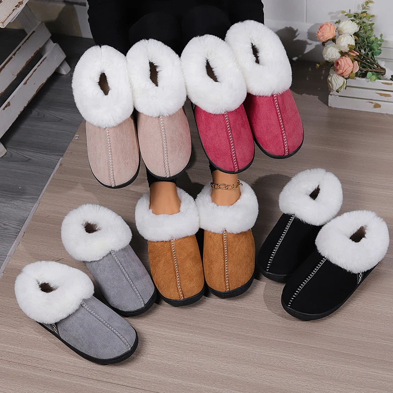 Rimocy Indoor Home Fluffy Slippers Women Winter Warm Plush Suede Fur Shoes for Women Classic Cozy Padded Slippers House Shoes