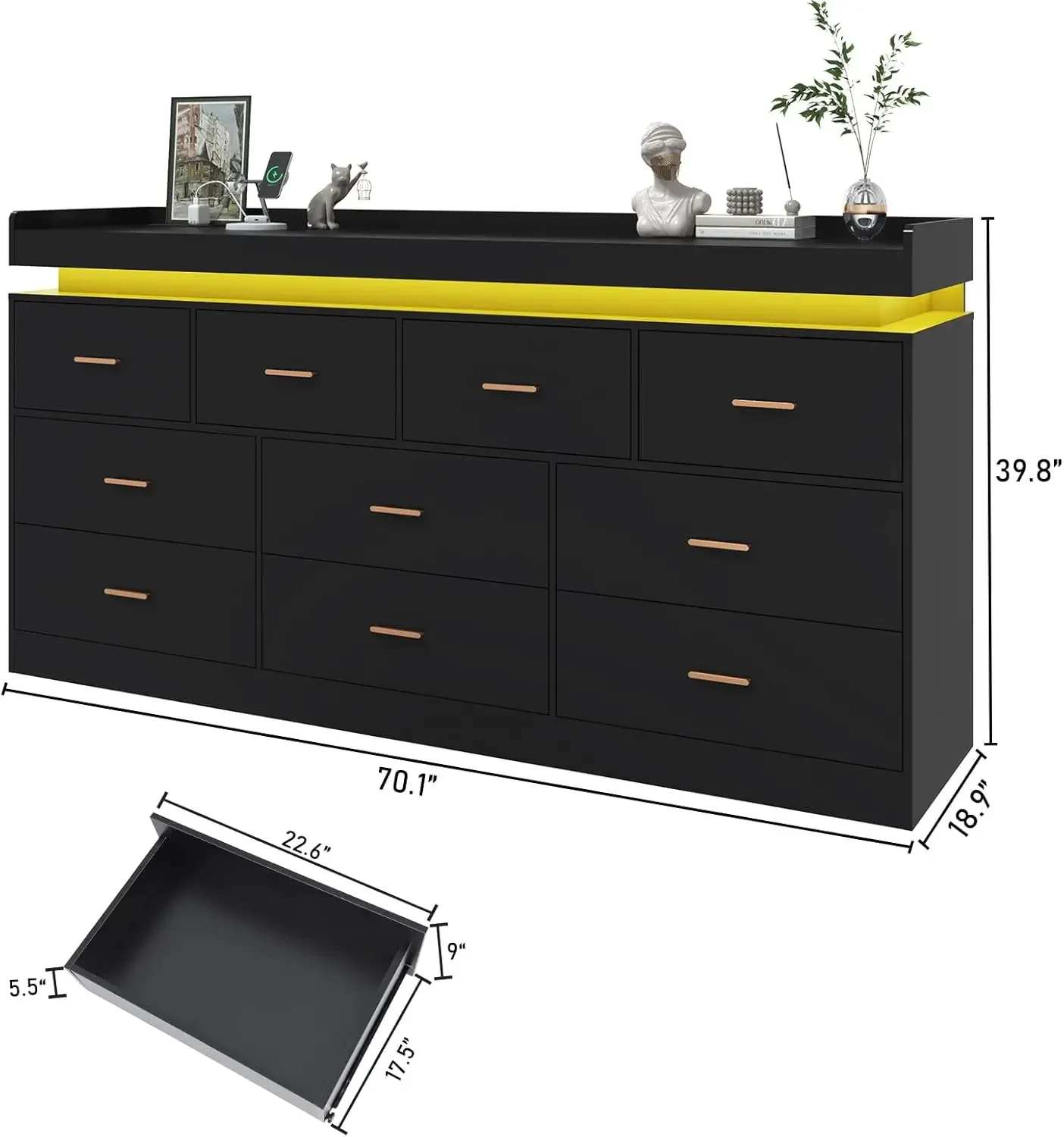 10 Drawer Dresser with Charging Station and LED Lights, Modern Organizer Cabinet for Bedroom, Living Room, Entryway (Black)