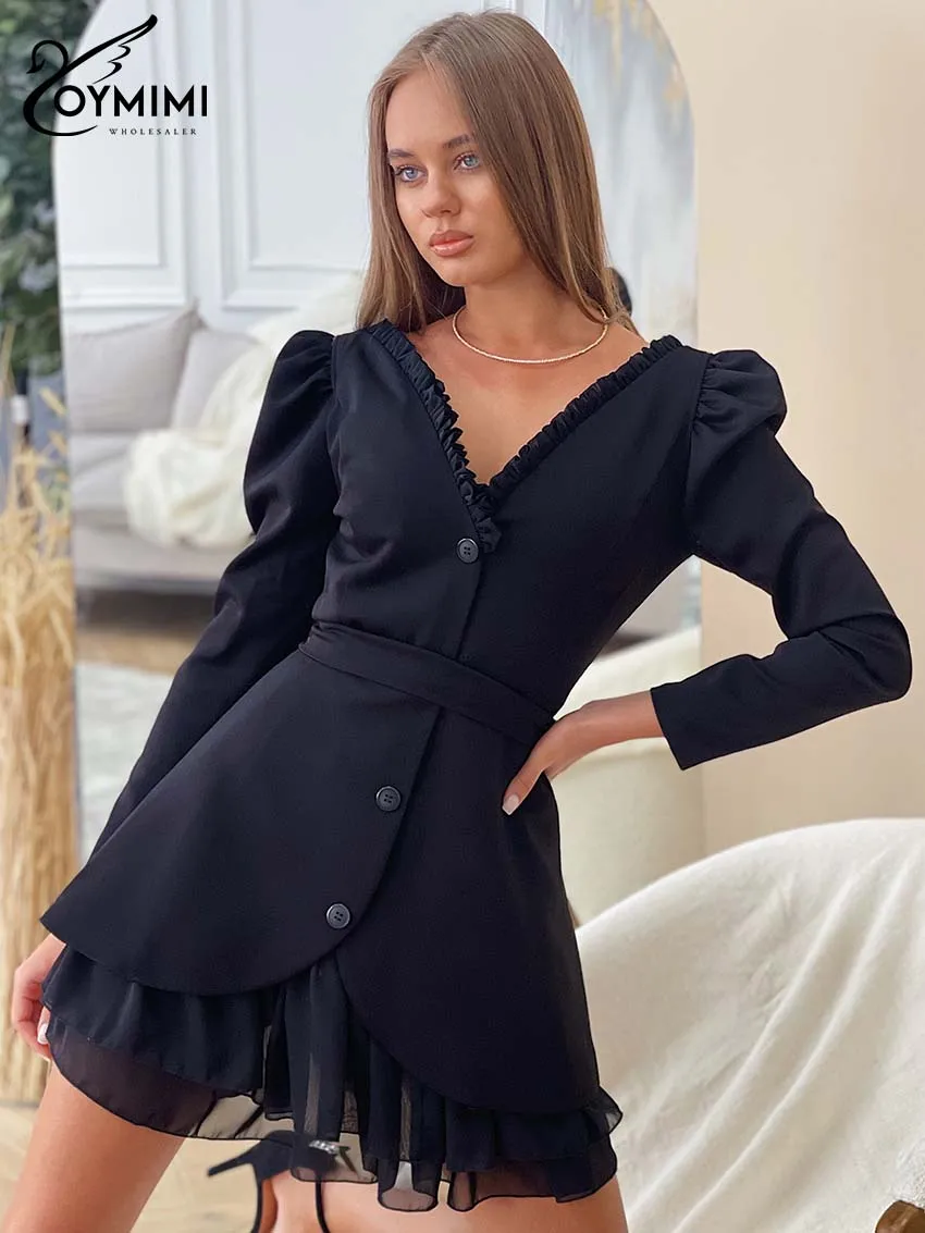 Oymimi Elegant Black Woman 2 Piece Set Outfit Fashion V-Neck Wrist Sleeve Button Shirts And High Waist Pleated Mini Skirts Sets