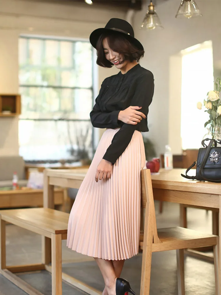 Women's High Waist Pleated Skirt, Half Length, Elastic, Black, Pink, Monochromatic, Lady, New Fashion, Spring, Autumn