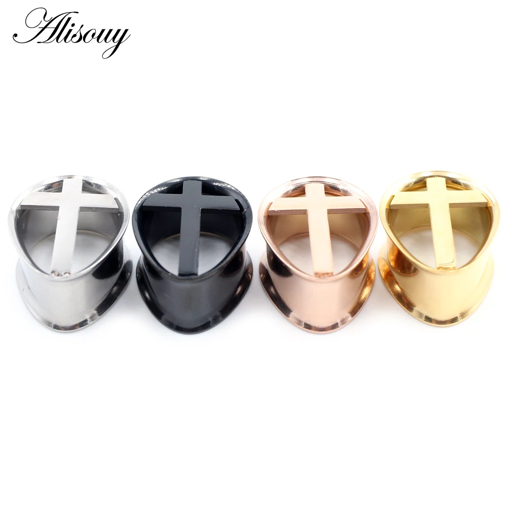 Alisouy 2pcs 8-25mm Stainless Steel Water Drop Cross Ear Tunnels Plugs Expanders Stretcher Gauges Earrings Piercing Body Jewelry