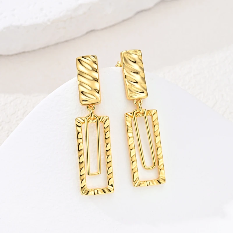 New Arrival 925 Sterling Silver Golden Rectangular-Textured Stud Earrings For Women Fine Party Jewelry Gifts
