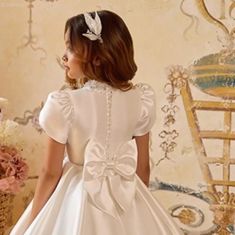 White Wedding Dress for Girls New Satin Princess Host Piano Performance Pageant Costume Party Gown Clothes Children Birthday view 5
