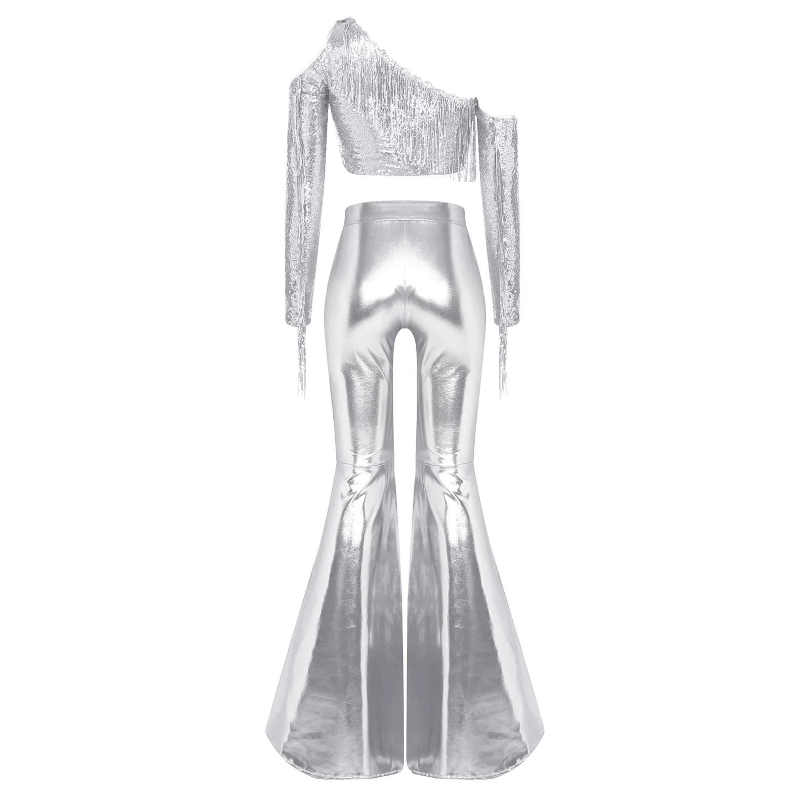 Womens Tassel Jazz Dance Costume Metallic Shiny Rompers Sequin Clubwear Jumpsuit Bell Bottom Pants Vintage 70s 80s Disco Outfit