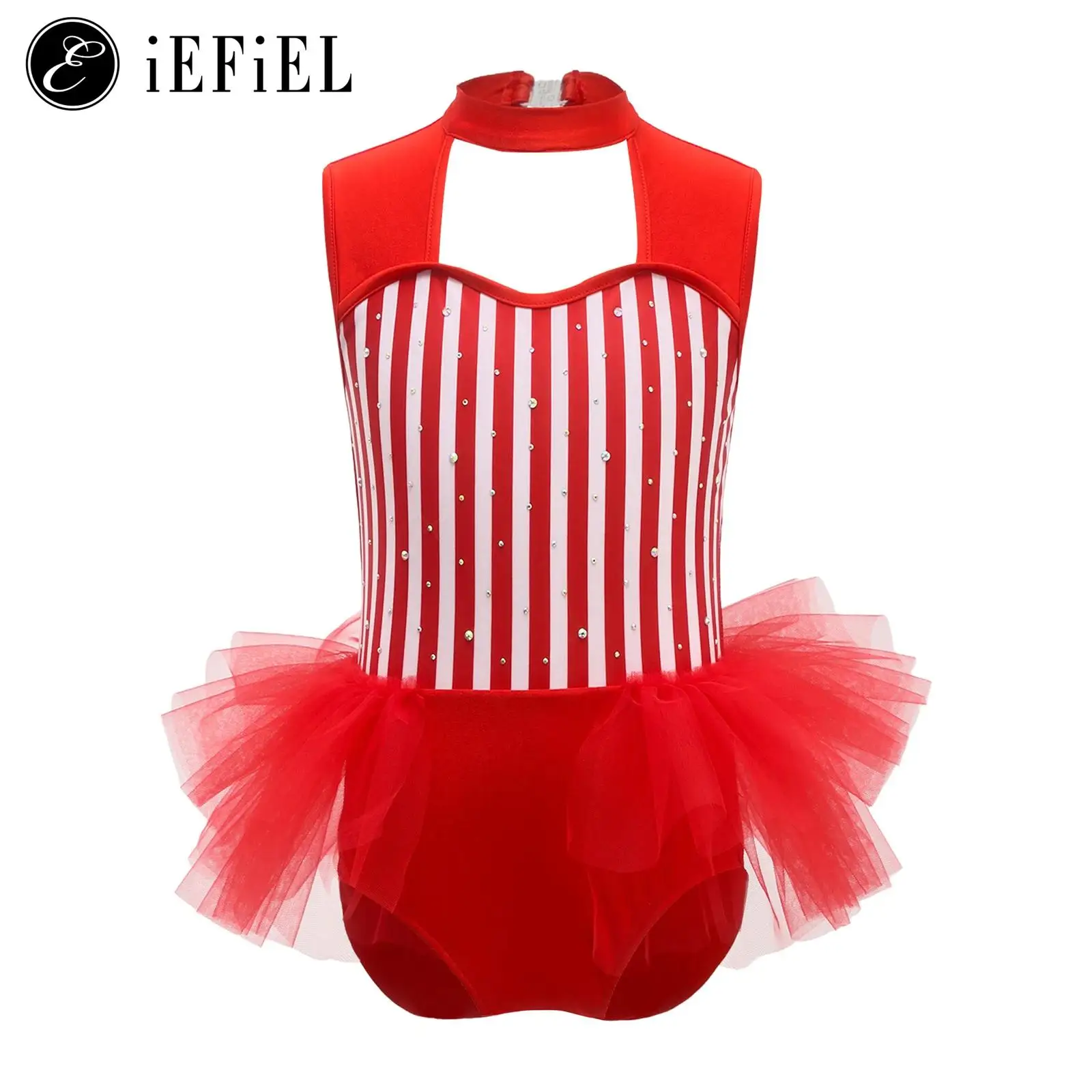 

Girls Circus Ringmaster Costume Rhinestones Stripe Jumpsuit Waist Mesh Dance Leotard Ruffled Overlay Bodysuit Halloween Dress Up