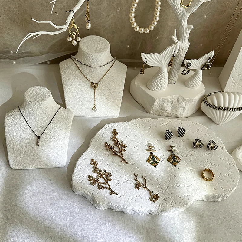 White Resin Jewelry Display Set - Tree Necklace Stand, Bust Mannequin & Shell Tray Holder for Earrings Rings, Showcase Props