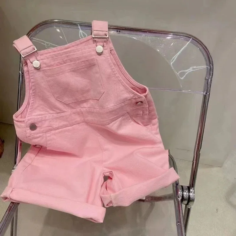 Girls Mid-rise Overalls Children's Casual Shorts Summer Thin Denim Suspenders Middle Big Children's Loose Wide-leg Shorts