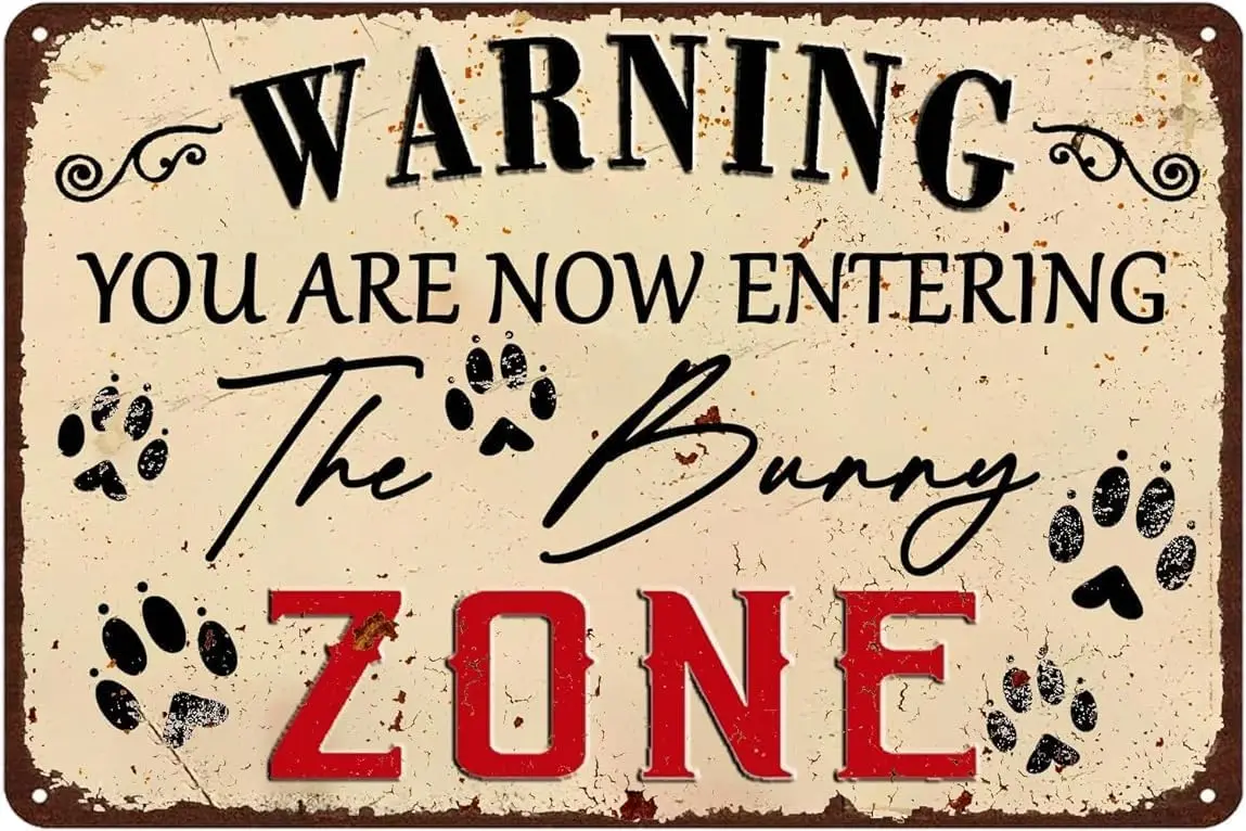 Tin Sign Warning You Are Now Entering The Bunny Zone, Vintage Metal Signs Funny Bunny Wall Decor, Home Kitchen Decoration Far