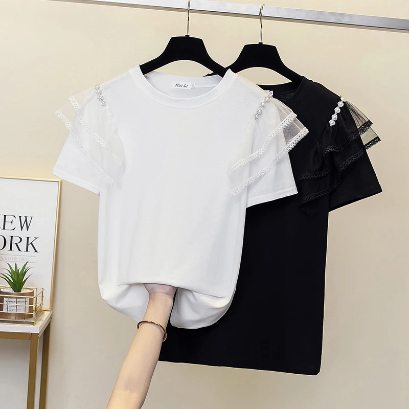 Tee T Shirt Women Summer Top Lace Sleeve Cotton Blusa Beading Korean Style Tshirt Short Sleeve Casual White Clothes Y2K