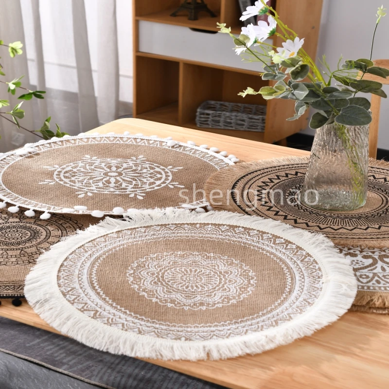 2PCSBohemian Placemat Home Party Party Wild Birthday Christmas Day Decoration Round Woven Placemat Vintage Jute Tassel Woven Mat