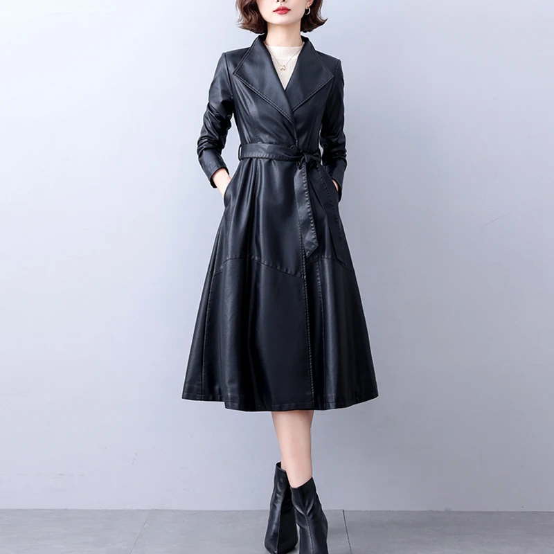 M-5XL 2024 Fall Winter Split Leather Long Trench Coats for Women Chic Lace-up Belt Ladies Lapel Collar Slim-fit Sheepskin Coats