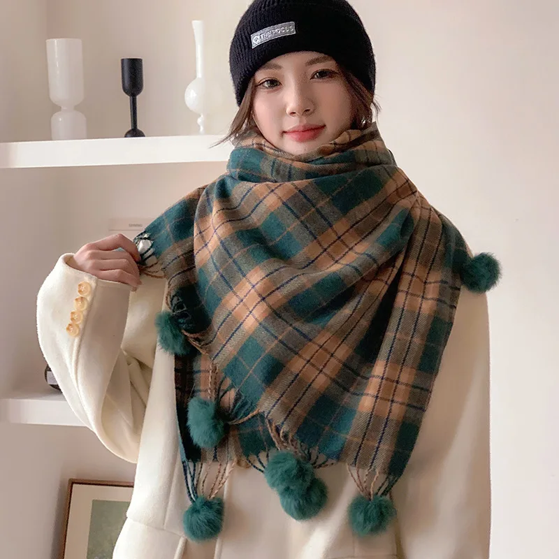 Fashion Design Velvet Ball Houndstooth Scarf Women Autumn Soft Thermal Muffler Female Winter Retro Imitation Cashmere Wrap Girls