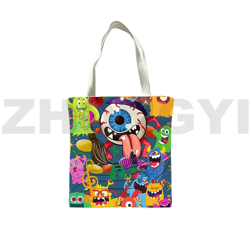 Casual Canvas My Singing Monsters 3D Handbags Men Foldable Shopping Bags Cartoon My Singing Monsters Crossbody Bags for Women