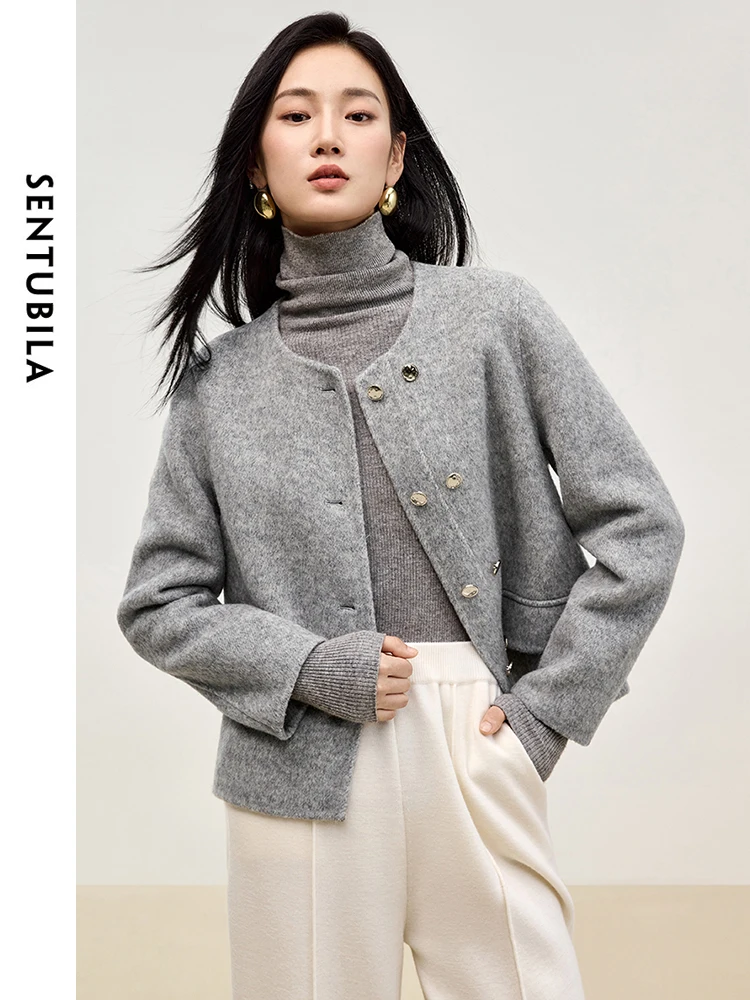 SENTUBILA Women Short Grey Woolen Coat 2024 Elegant Crew Neck Metal Double Breasted Short Jackets Winter Outerwear W44O56641