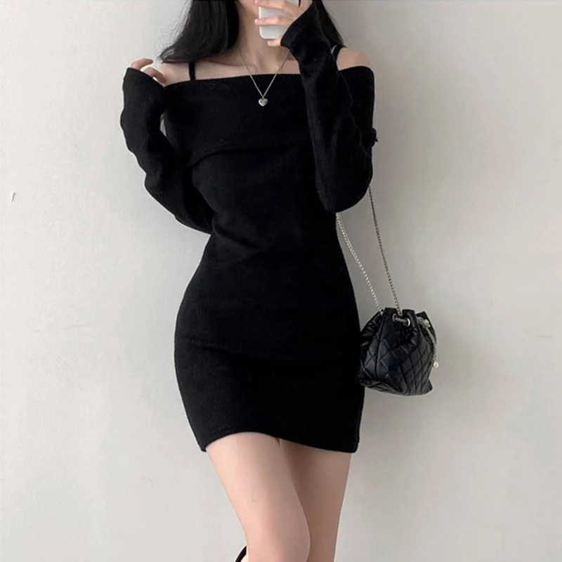 Y2K Women Knitted Mini Dress Korean Sexy Off Shoulder Female Dress Spring New Spaghetti Strap Long Sleeve Ladies Vestidos