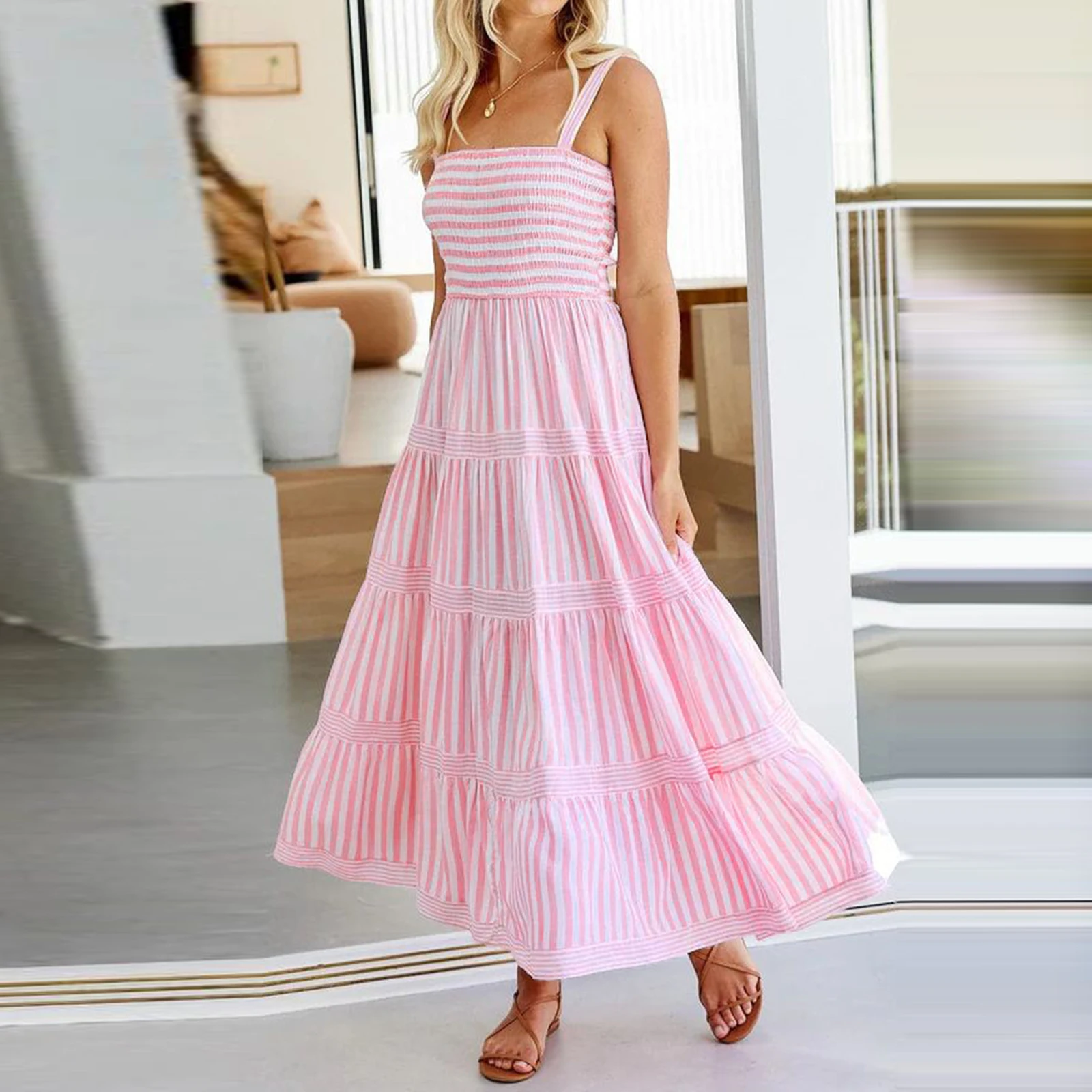 

Women Summer Sleeveless Dress Casual Striped Print A-Line Party Dress for Vacation Cocktail Beach Streetwear